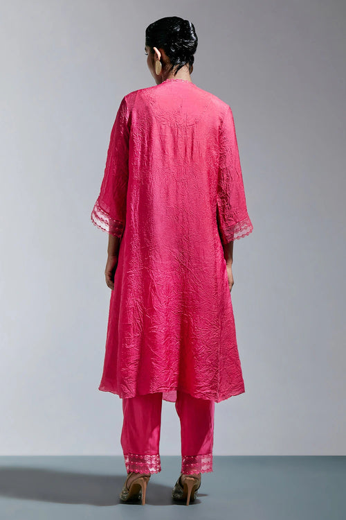 Raspberry Floral Embroidered Crushed Silk Kurta Set