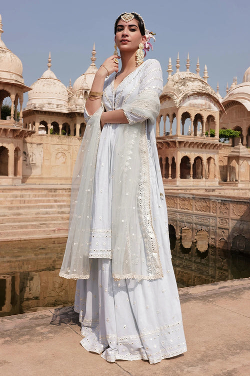 Ice Blue Three Line Embroidered Kurta with Lehenga and Dupatta