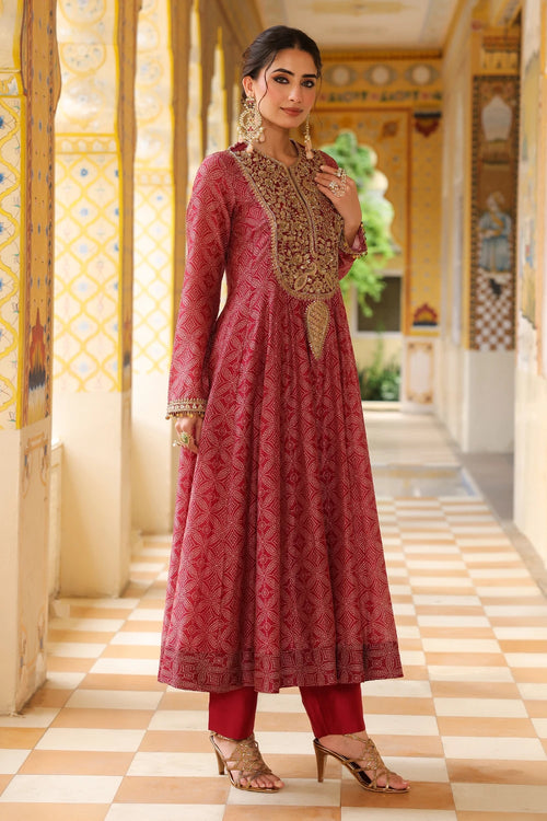 Ahista Maroon Printed Kalidar Set
