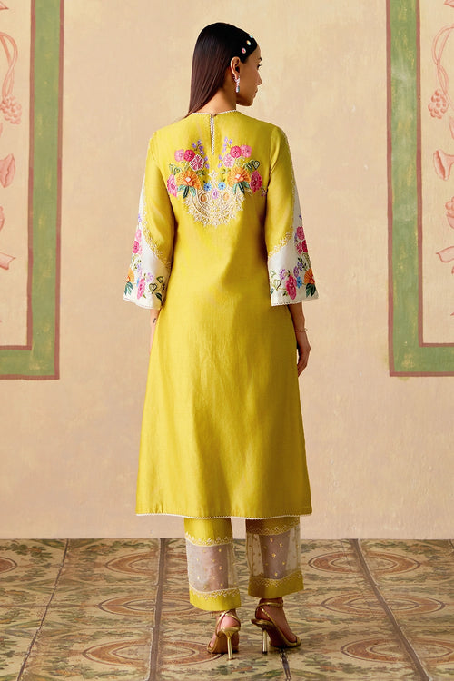 Yellow and Ivory Embroidered Kurta Set with Dupatta