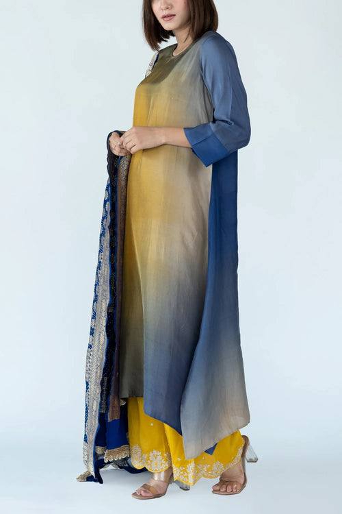 Royal Yellow Ombre Kurta With Dupatta