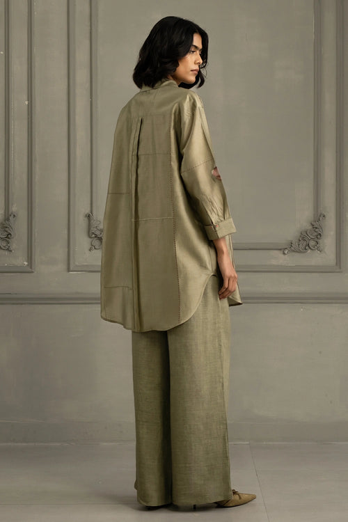 Sage Green Silk Chanderi Embroidered Shirt And Linen Pants Set