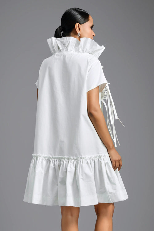 White Sculptural Dress with Woven Leather Front Panel