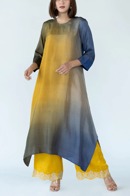 Royal Yellow Ombre Kurta With Dupatta