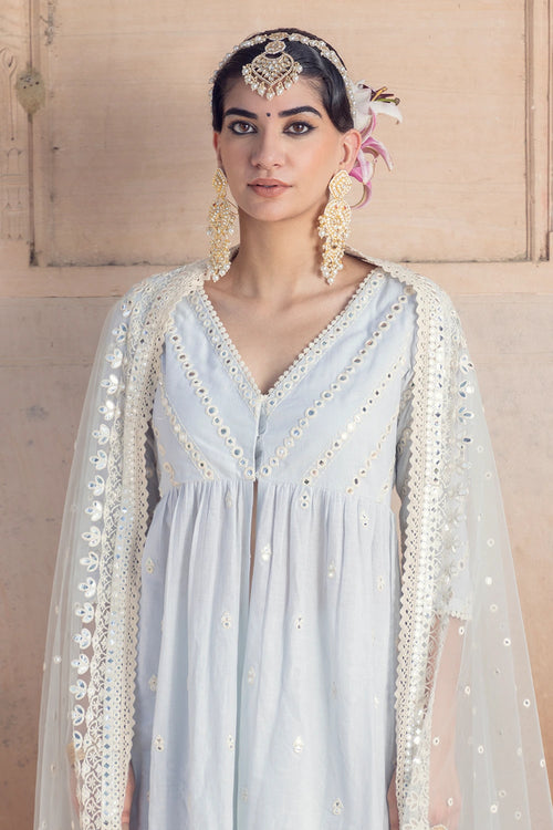 Ice Blue Three Line Embroidered Kurta with Lehenga and Dupatta