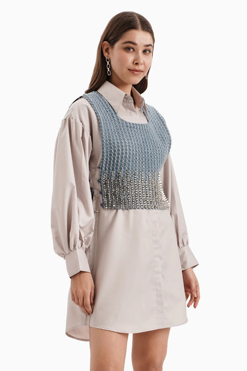 Taupe Cotton Off Shoulder Shirt Dress