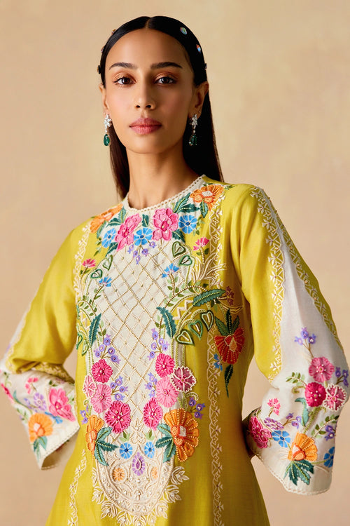 Yellow and Ivory Embroidered Kurta Set with Dupatta
