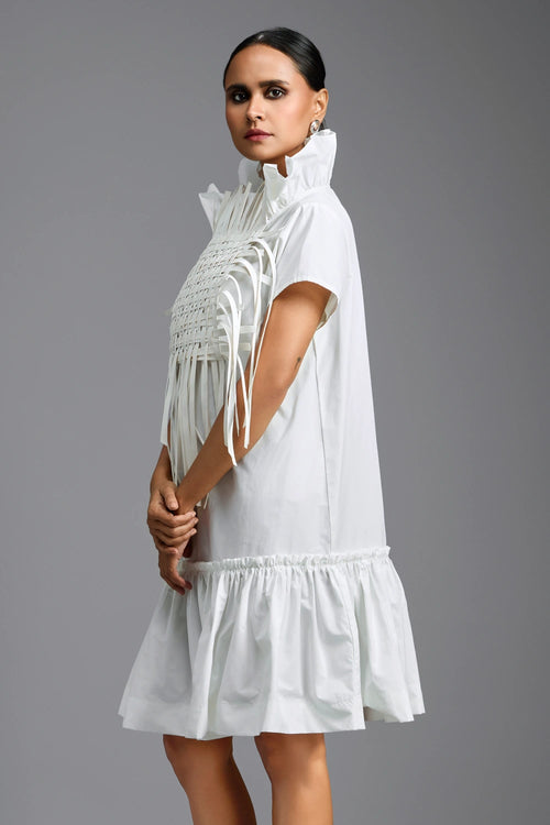 White Sculptural Dress with Woven Leather Front Panel