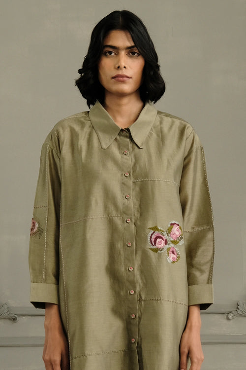 Sage Green Silk Chanderi Embroidered Shirt And Linen Pants Set