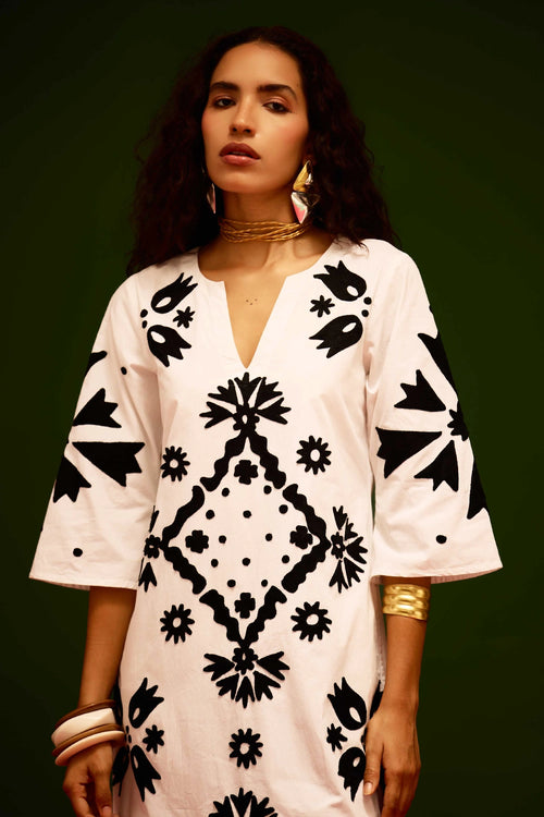 Ivory Cotton Maxi Dress with Thread Embroidery