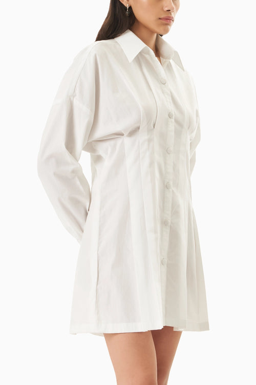 White Cotton Pleated Shirt Dress