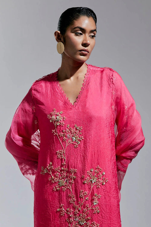 Raspberry Floral Embroidered Crushed Silk Kurta Set