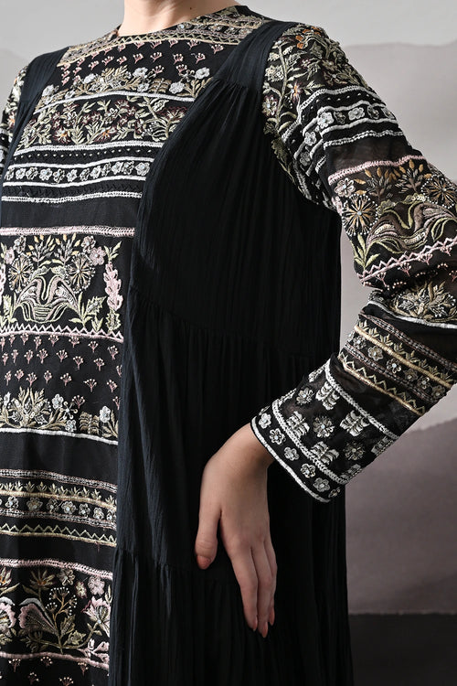 Black Artisanal Embroidered Gown With Panelled Overlay