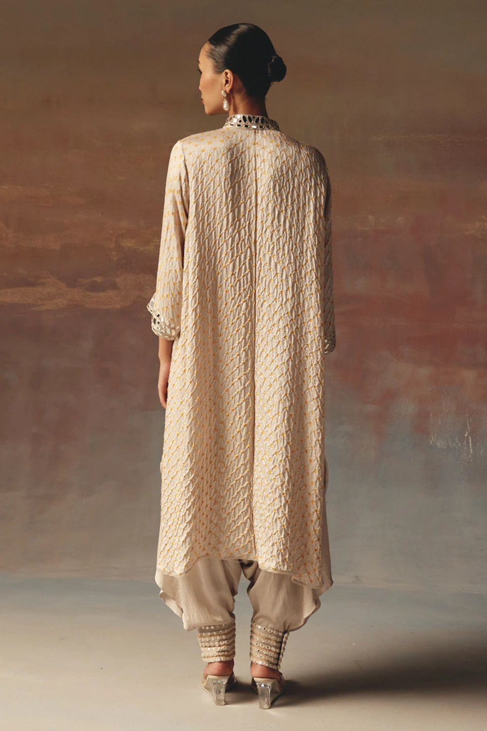 Moon Dust Bandhani Shirt Kurta with Thai Mirror Work Dhoti