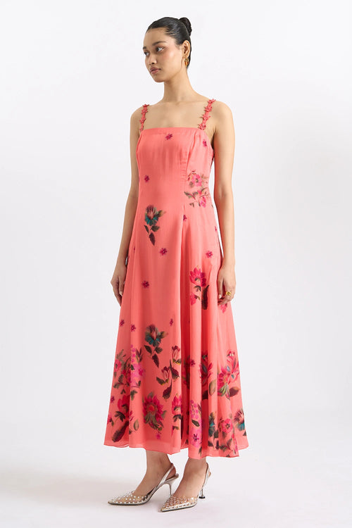 Pink Blossom Strappy Midi Dress