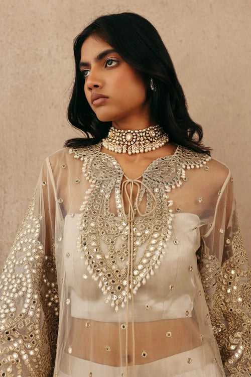 Golden Zari Mirrorwork Tulle Applique Kurta with Brocade Bandeau and Cigarette Pants