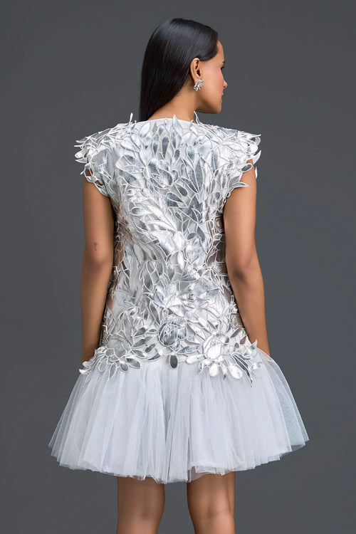 White Tulle Dress with Silver Floral Appliqué