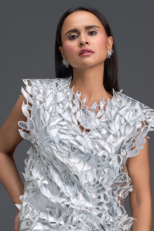 White Tulle Dress with Silver Floral Appliqué