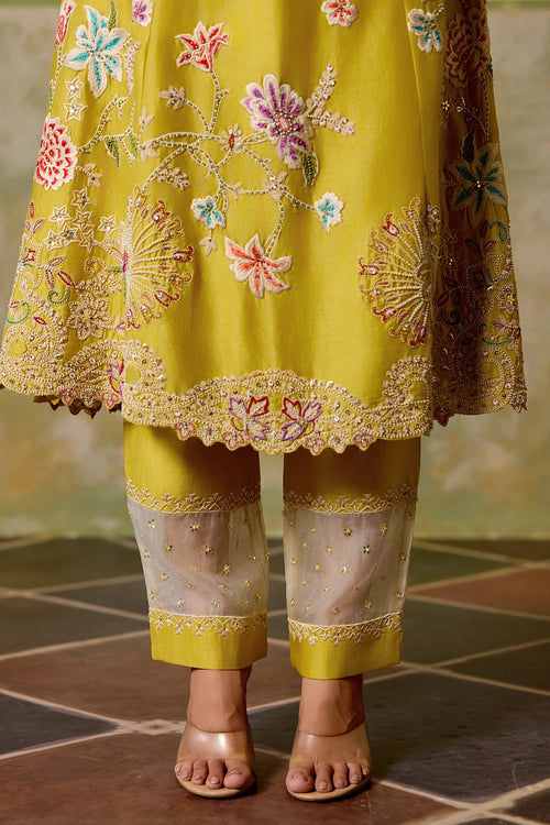 Yellow and Ivory Embroidered Kurta Set with Dupatta