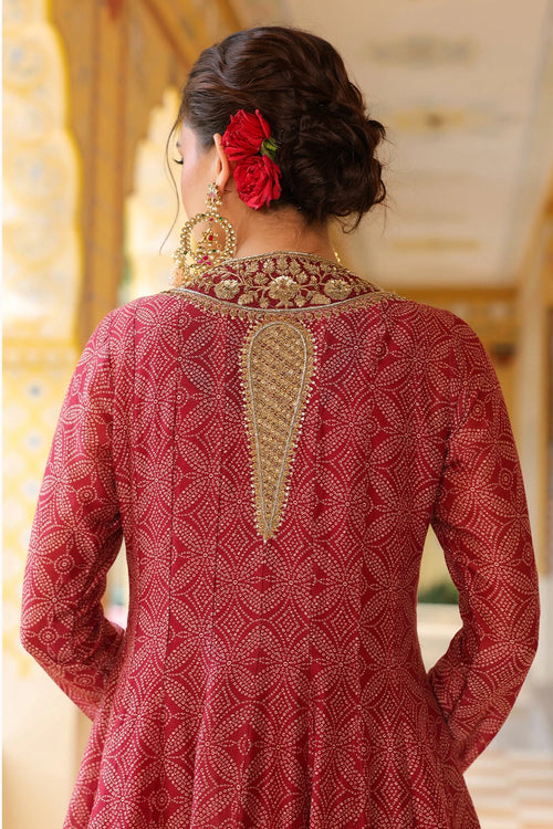 Ahista Maroon Printed Kalidar Set
