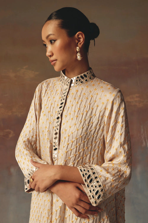 Moon Dust Bandhani Shirt Kurta with Thai Mirror Work Dhoti