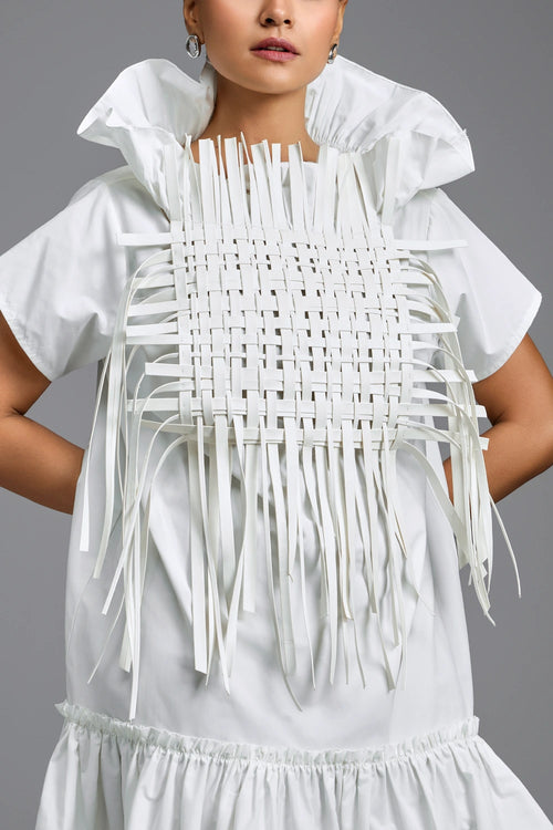 White Sculptural Dress with Woven Leather Front Panel