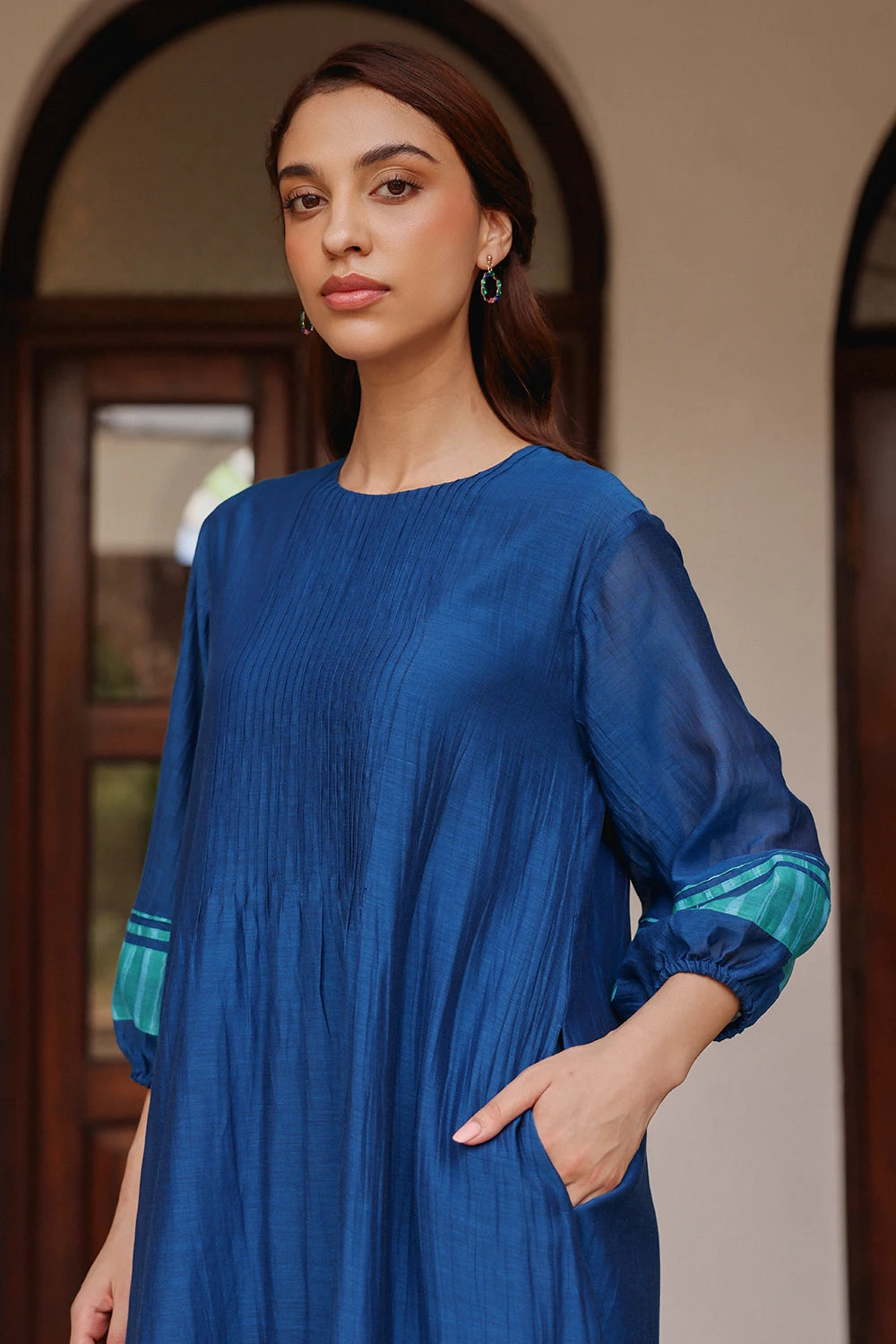 Indigo Pintuck Dress