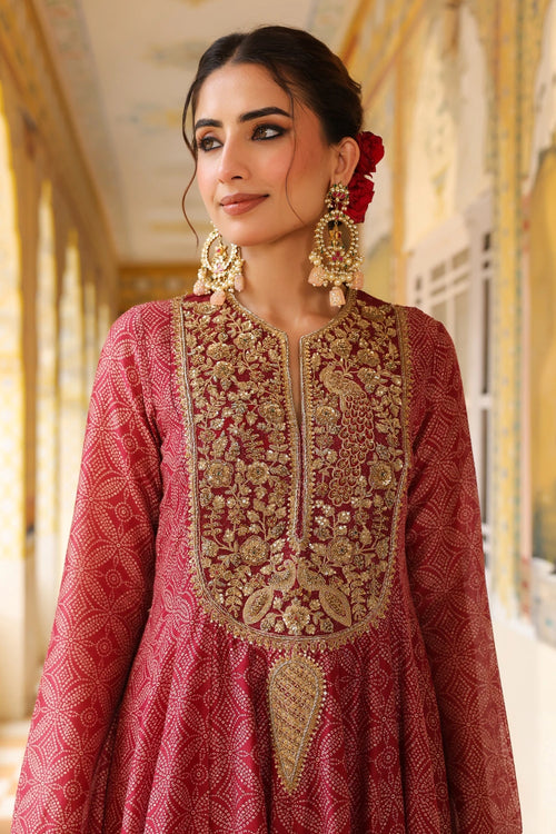 Ahista Maroon Printed Kalidar Set