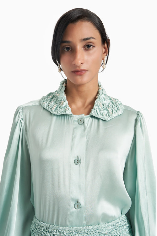 Sea Foam Hex Collar Top With Wave Smoked Mermaid Skirt