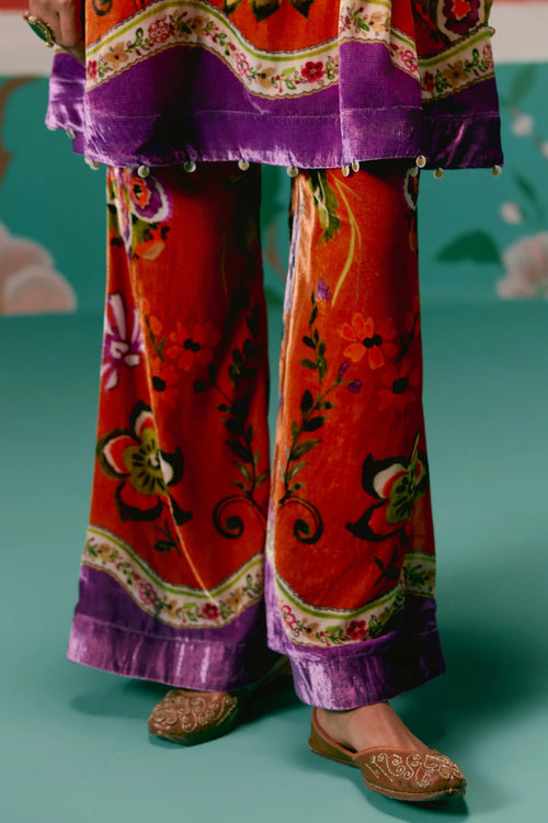 Tangerine and Purple Floral Kurta Set
