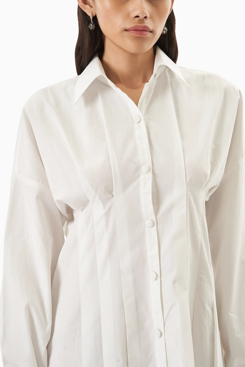 White Cotton Pleated Shirt Dress