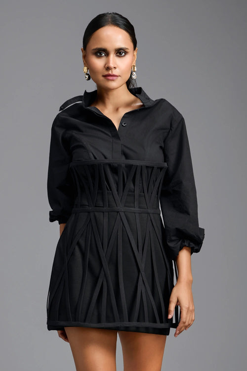 Black Intricate Cage Overlay Mini Skirt