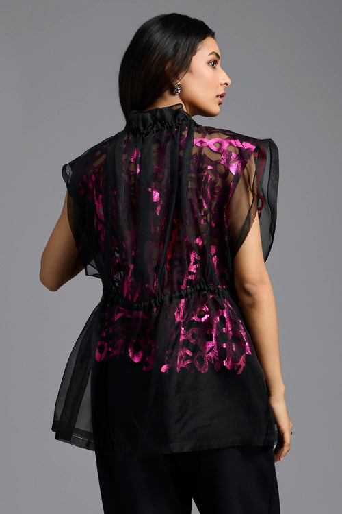 Black Organza Top with Pink Motifs