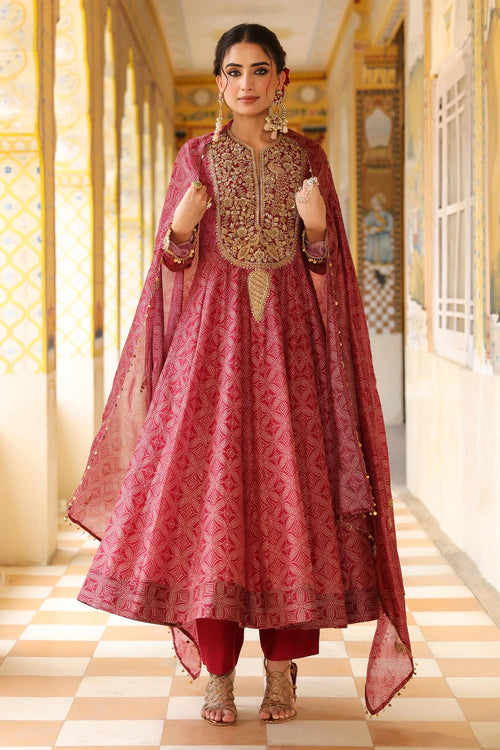 Ahista Maroon Printed Kalidar Set