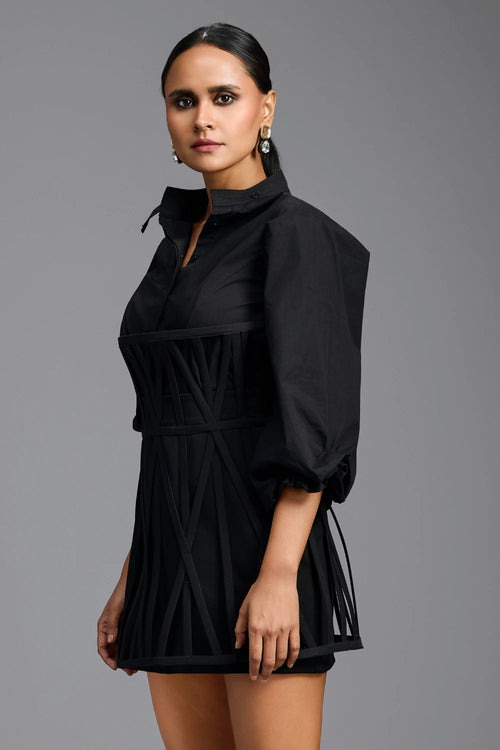 Black Intricate Cage Overlay Mini Skirt