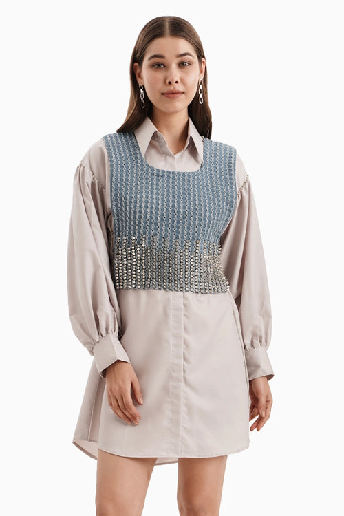 Taupe Cotton Off Shoulder Shirt Dress