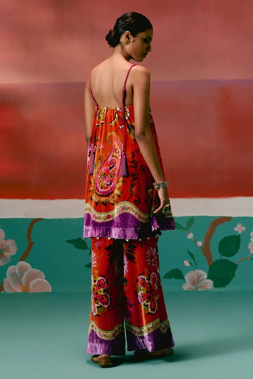 Tangerine and Purple Floral Kurta Set with Dupatta