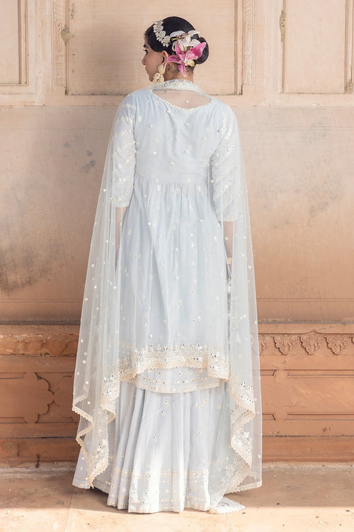 Ice Blue Three Line Embroidered Kurta with Lehenga and Dupatta