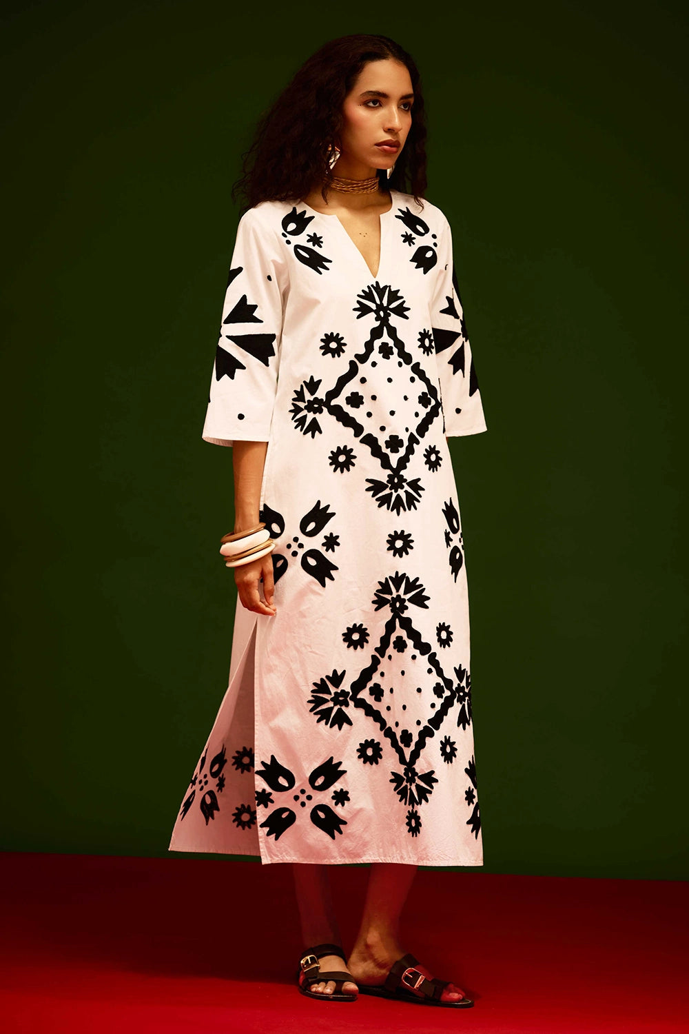 Ivory Cotton Maxi Dress with Thread Embroidery