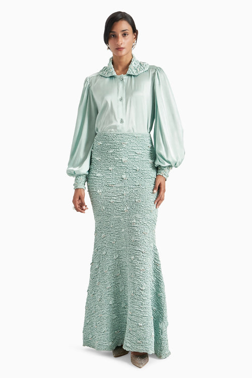 Sea Foam Hex Collar Top With Wave Smoked Mermaid Skirt