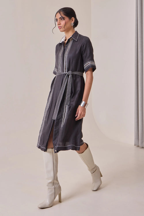 Black Thread-Work Midi Dress