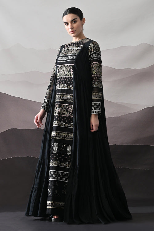Black Artisanal Embroidered Gown With Panelled Overlay