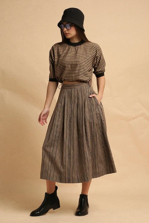 Brown Thin Striped New Sphara Crop Top And Skirt Co-ord Set