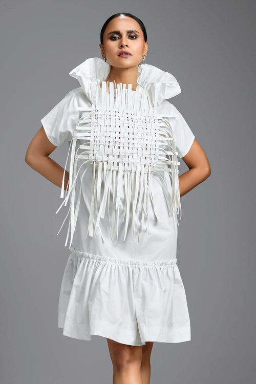 White Sculptural Dress with Woven Leather Front Panel