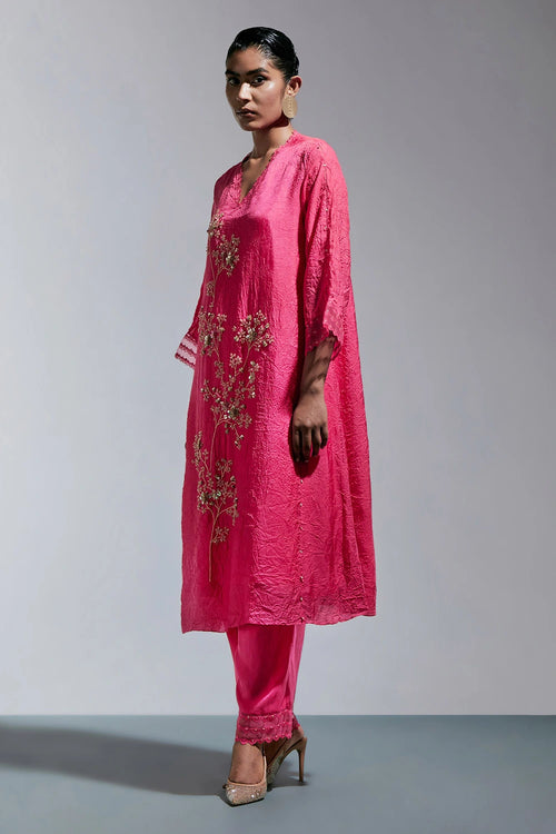 Raspberry Floral Embroidered Crushed Silk Kurta Set