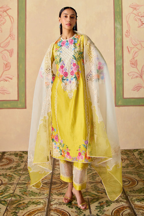 Yellow and Ivory Embroidered Kurta Set with Dupatta