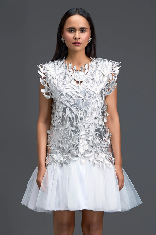 White Tulle Dress with Silver Floral Appliqué