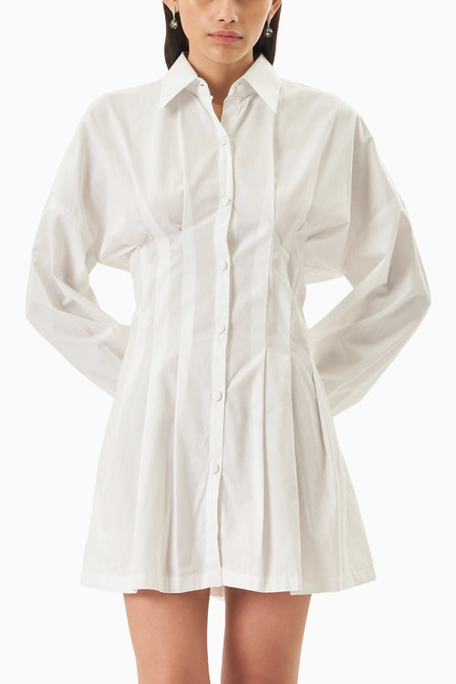 White Cotton Pleated Shirt Dress