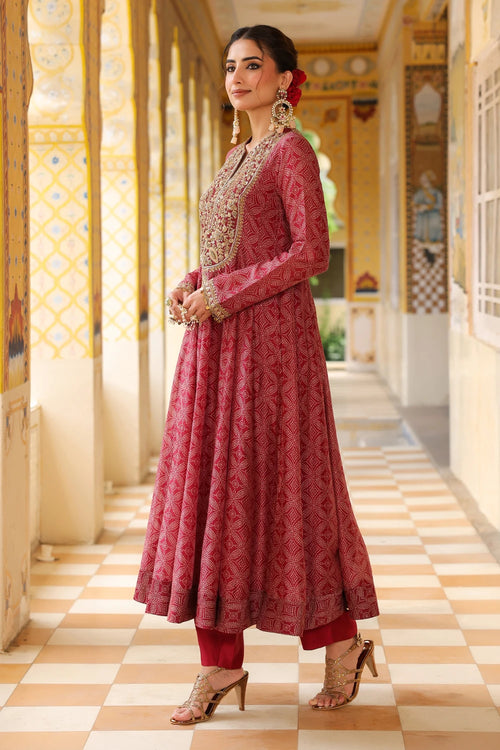 Ahista Maroon Printed Kalidar Set