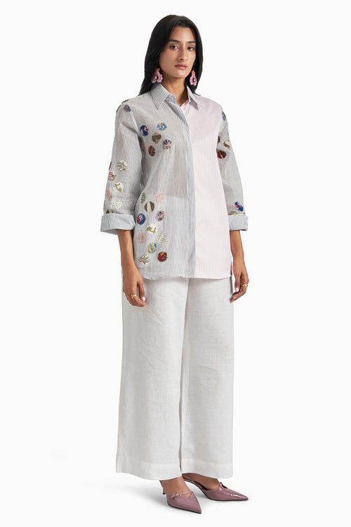 Blue Stripes Panel Shirt And Pants Set